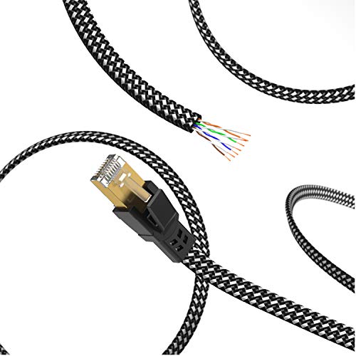 Cat 8 Ethernet Cable 15 ft, Nylon Braided High Speed Heavy Duty Cat8 Network LAN Patch Cord, 40Gbps 2000Mhz SFTP RJ45 Flat Internet Cable Shielded in Wall, Indoor&Outdoor for Modem/Router/Gaming/PC - Image 3