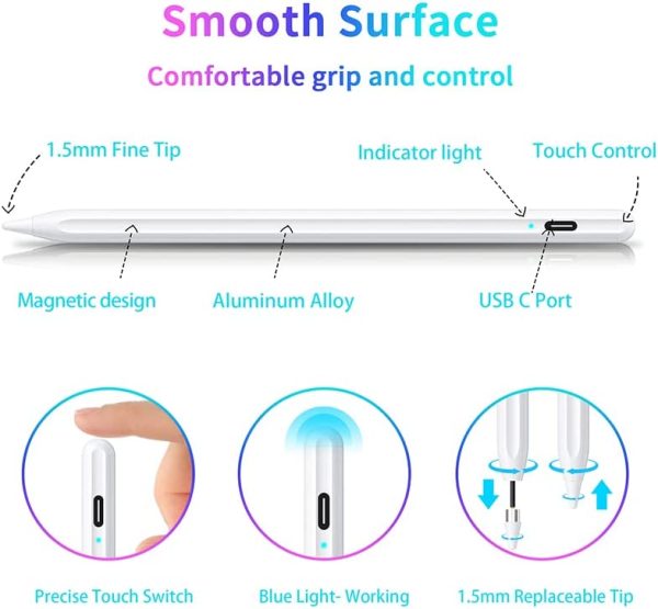 Stylus Pen, Active Stylus Pen Compatible for iOS and Android Touchscreens/Phones, Rechargeable Stylus Pen with Dual Touch Screen, Stylus Pencil for Apple/Android/Samsung Tablet, 16.5CM,White - Image 9